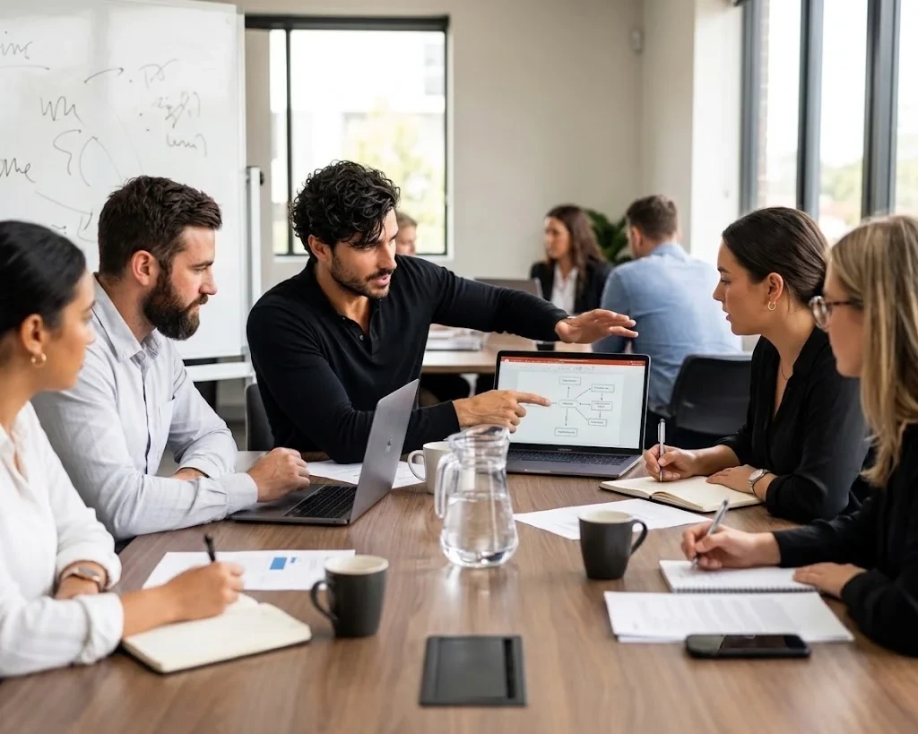 Trino Montesinos dirigiendo una reunión de trabajo con su equipo